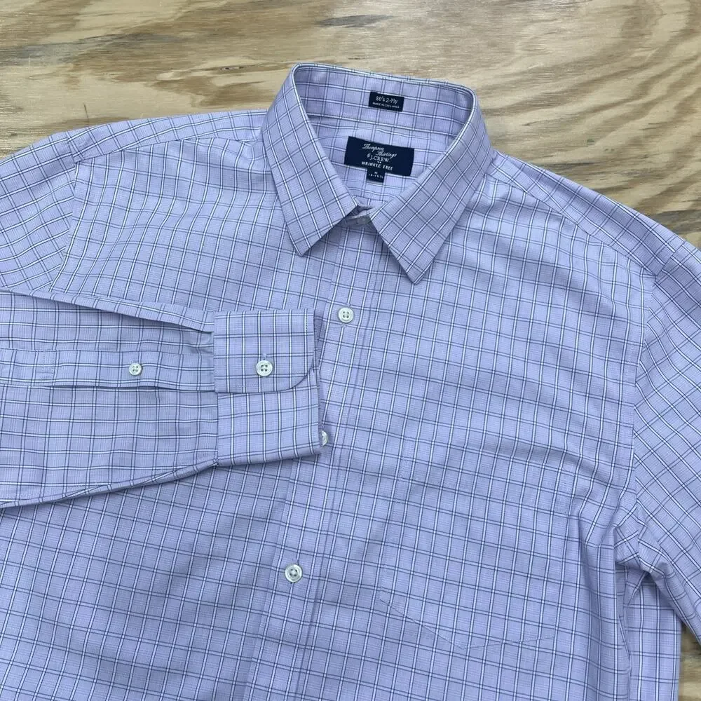 J. Crew Thompson Shirtings Wrinkle Free Purple White Plaid Check Size M 15 15.5